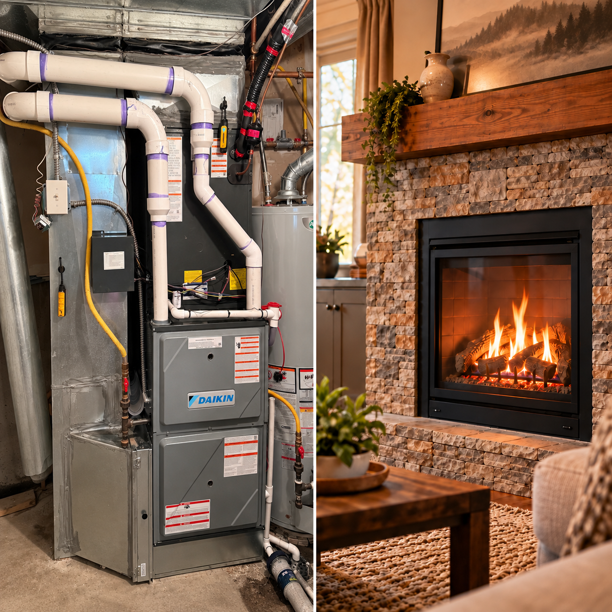 Home furnace and fireplace shown side by side