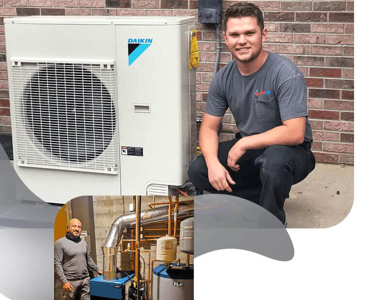 Apple Aire technician beside a Daikin outdoor HVAC unit