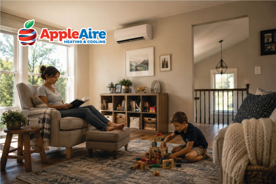 a mother sitting comfortably on the couch with a child playing on the floor. a ductless mini-split unit is shown on the wall behind her.