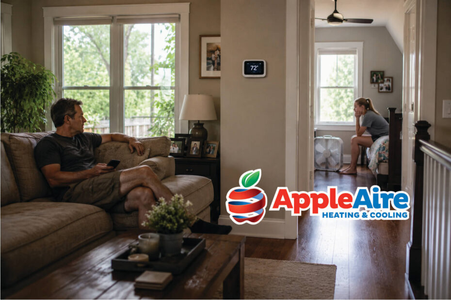 two people sitting in different rooms with the thermometer reading 72 degrees, but they have a fan in a different room, showing that the house has cooling problems