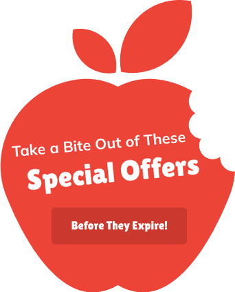 A red apple with "Take a bite out of these special offers" written on top with a call out link that says "before they expire!"