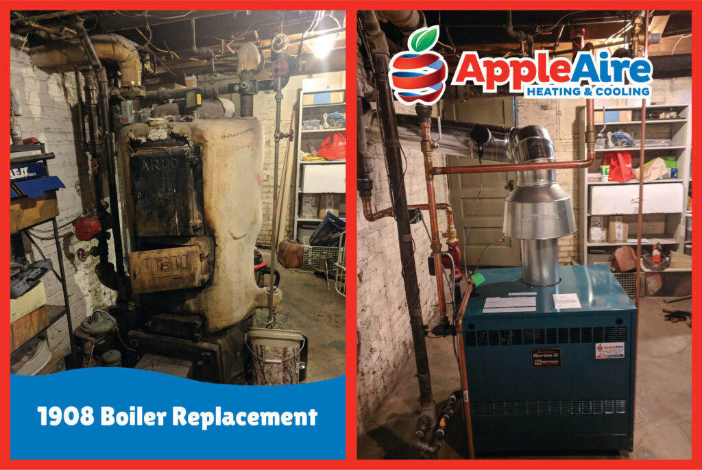 Side by side image of replaced boiler in wheat ridge colorado. Left is a picture of a basement with a 1908 boiler and the right is a picture of a newly installed boiler
