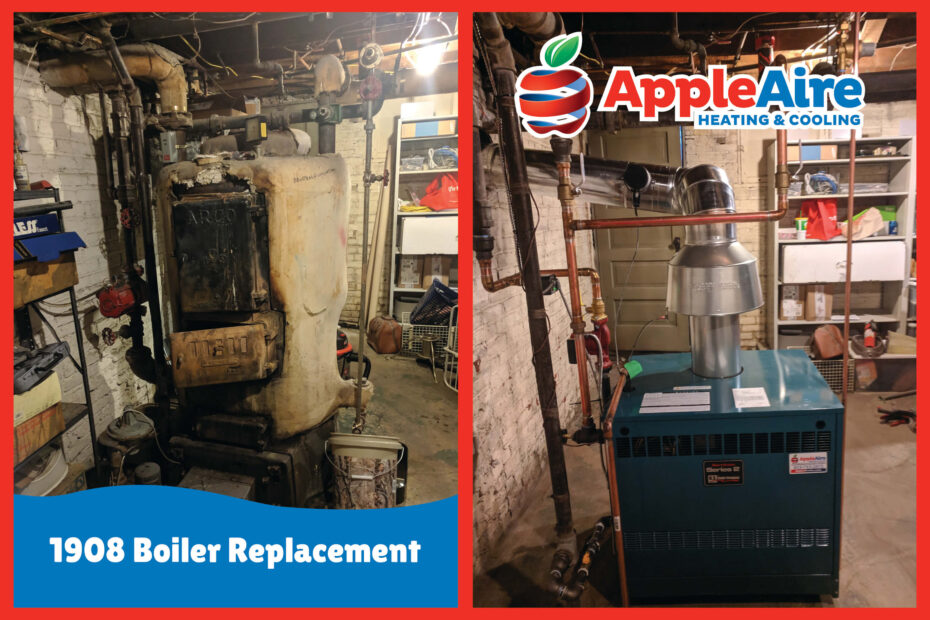Side by side image of replaced boiler in wheat ridge colorado. Left is a picture of a basement with a 1908 boiler and the right is a picture of a newly installed boiler
