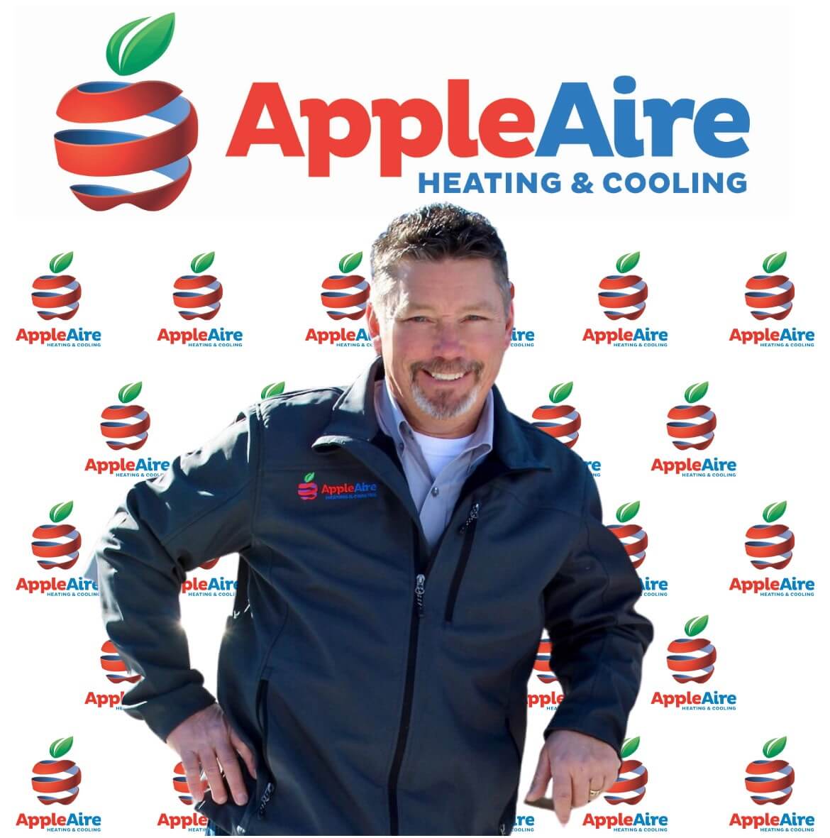 Todd Terry, owner of Apple Aire Heating & Cooling with Apple Aire Heating & Cooling logos behind him on a white background